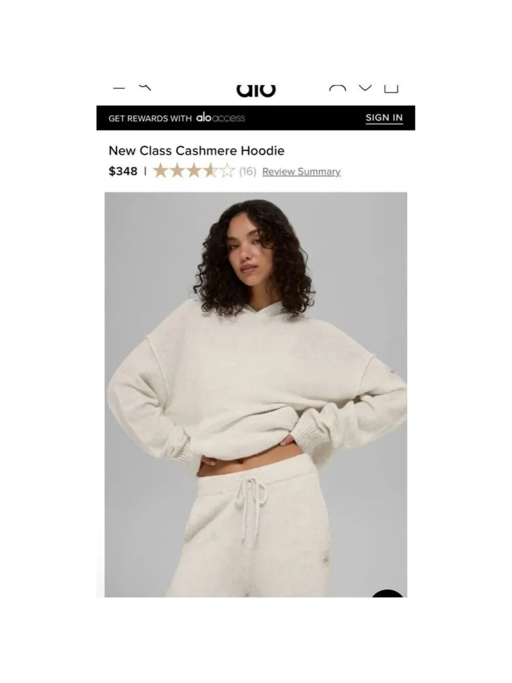 NWT Alo Yoga New Class Cashmere Wool Hoodie in Bone Heather M